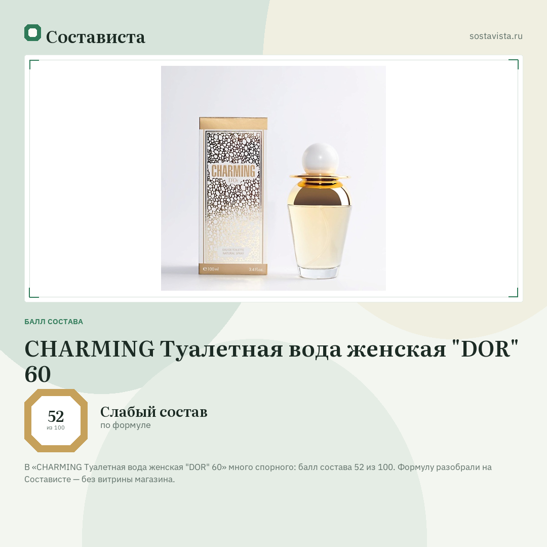 CHARMING Туалетная вода женская "DOR" 60: балл состава 52 из 100 — Состависта
