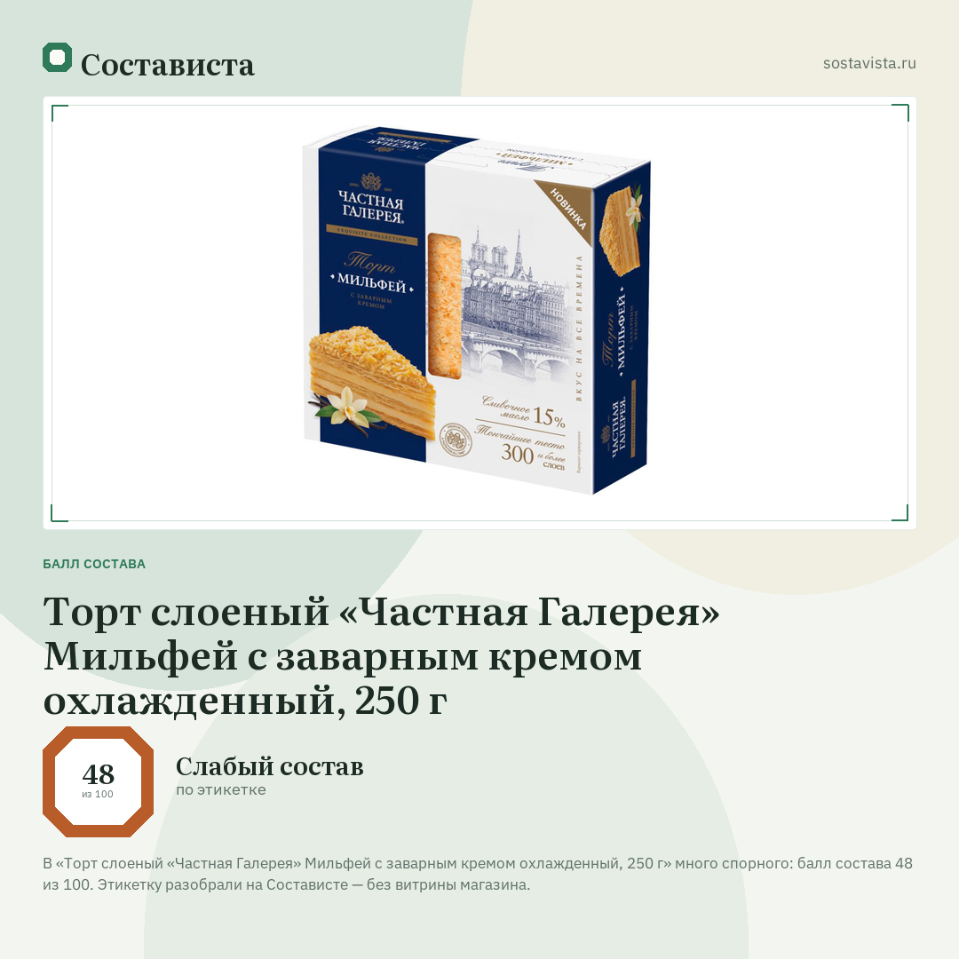 Торт слоеный «Частная Галерея» Мильфей с заварным кремом охлажденный, 250 г: балл состава 48 из 100 — Состависта