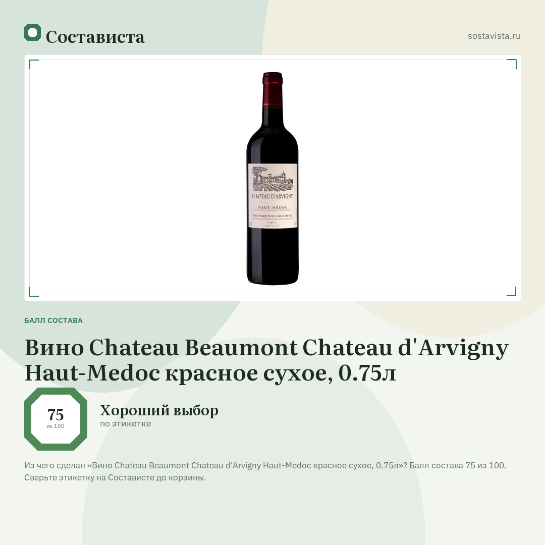 Вино Chateau Beaumont Chateau d'Arvigny Haut-Medoc красное сухое, 0.75л: балл состава 75 из 100 — Состависта