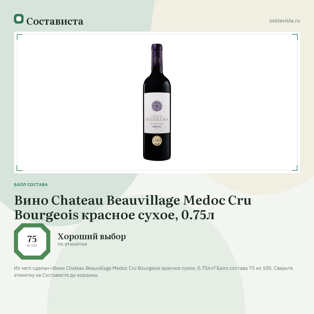 Вино Chateau Beauvillage Medoc Cru Bourgeois красное сухое, 0.75л: балл состава 75 из 100 — Состависта