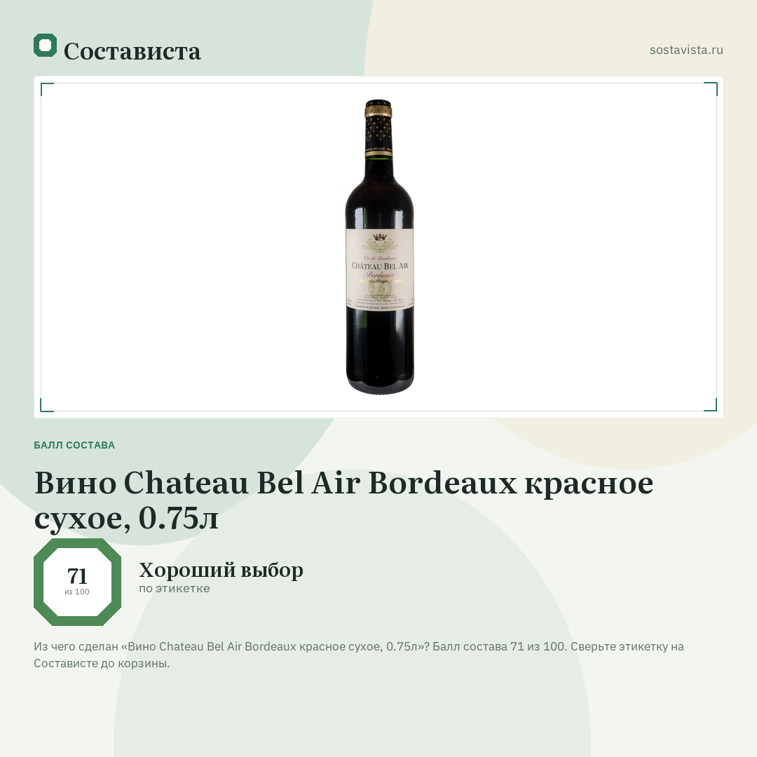 Вино Chateau Bel Air Bordeaux красное сухое, 0.75л: балл состава 71 из 100 — Состависта