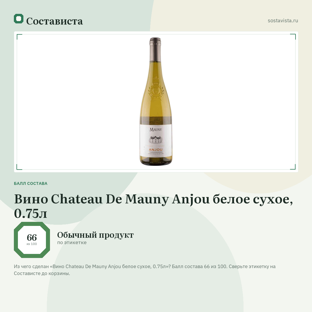 Вино Chateau De Mauny Anjou белое сухое, 0.75л: балл состава 66 из 100 — Состависта