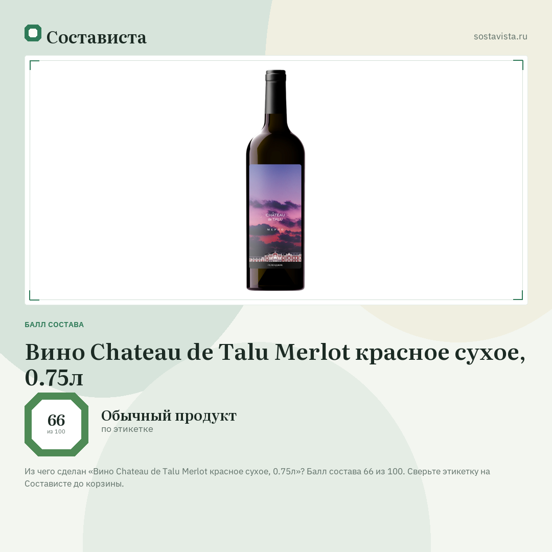 Вино Chateau de Talu Merlot красное сухое, 0.75л: балл состава 66 из 100 — Состависта