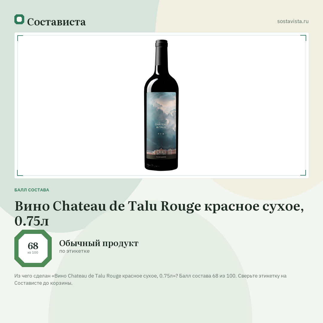 Вино Chateau de Talu Rouge красное сухое, 0.75л: балл состава 68 из 100 — Состависта