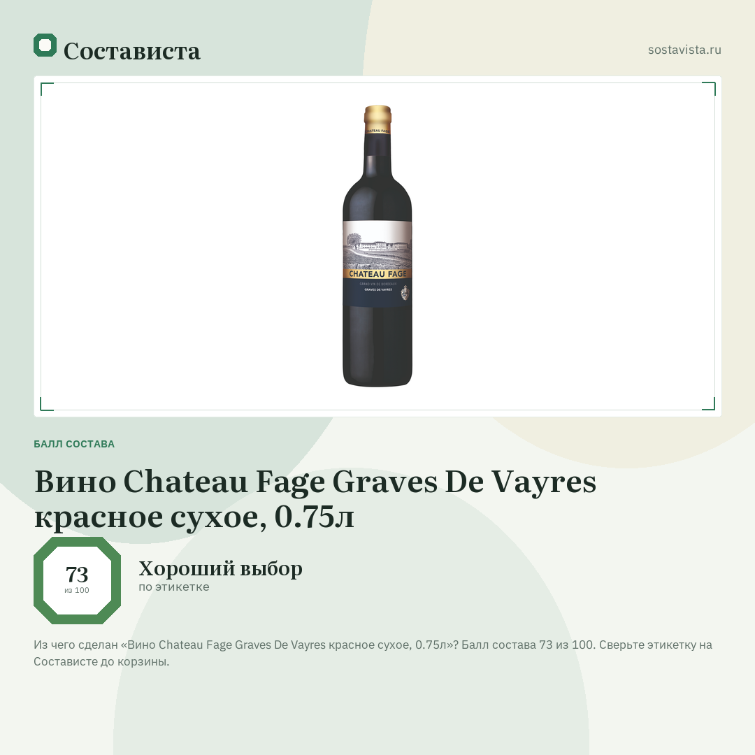Вино Chateau Fage Graves De Vayres красное сухое, 0.75л: балл состава 73 из 100 — Состависта