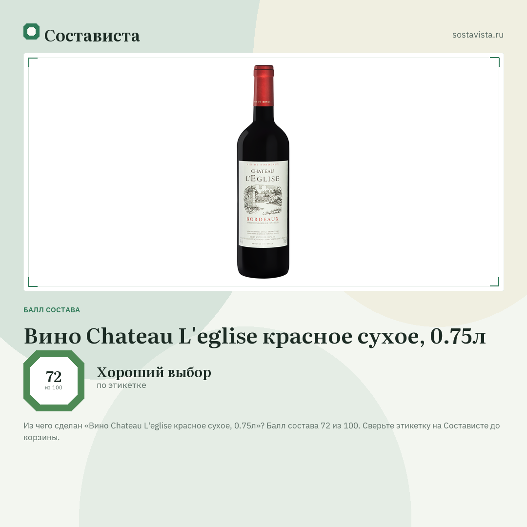 Вино Chateau L'eglise красное сухое, 0.75л: балл состава 72 из 100 — Состависта