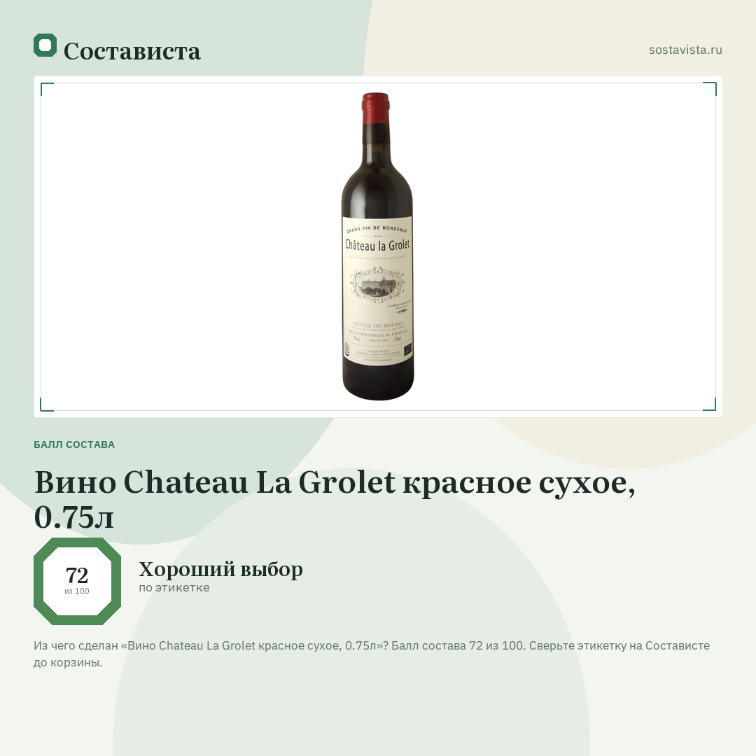 Вино Chateau La Grolet красное сухое, 0.75л: балл состава 72 из 100 — Состависта