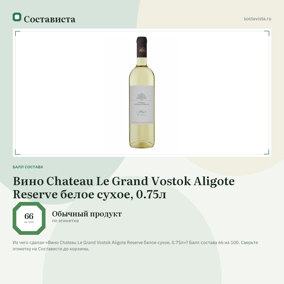 Вино Chateau Le Grand Vostok Aligote Reserve белое сухое, 0.75л: балл состава 66 из 100 — Состависта