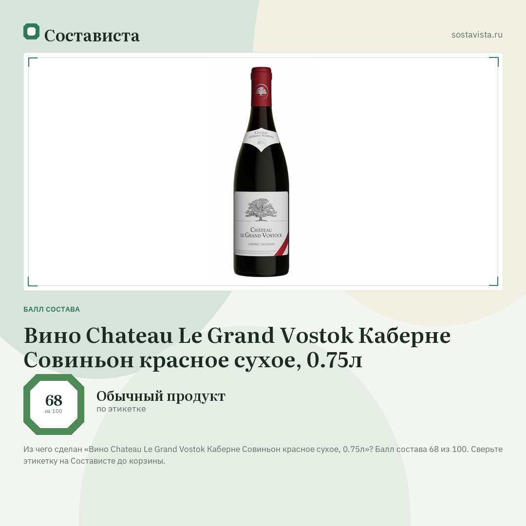 Вино Chateau Le Grand Vostok Каберне Совиньон красное сухое, 0.75л: балл состава 68 из 100 — Состависта