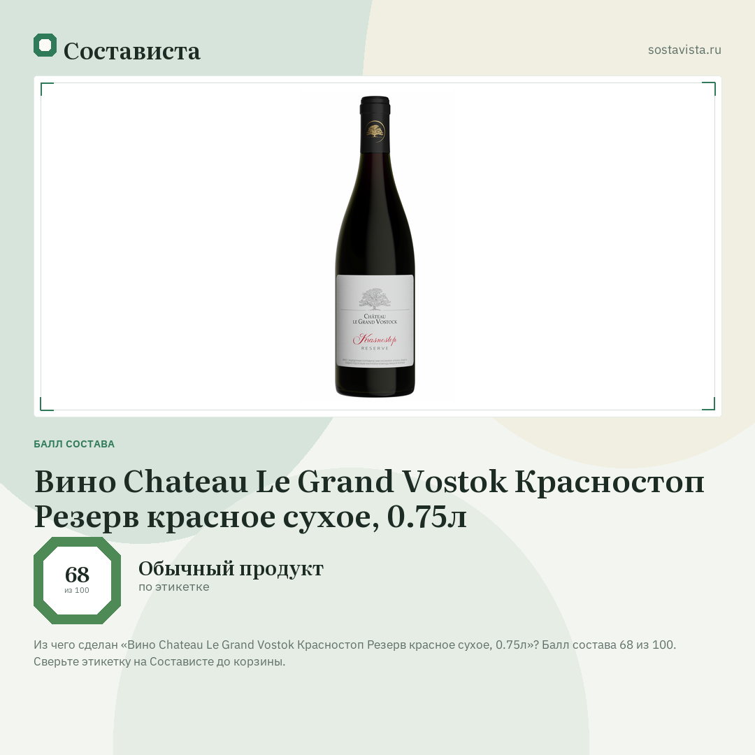 Вино Chateau Le Grand Vostok Красностоп Резерв красное сухое, 0.75л: балл состава 68 из 100 — Состависта