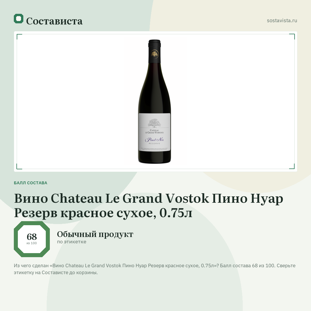 Вино Chateau Le Grand Vostok Пино Нуар Резерв красное сухое, 0.75л: балл состава 68 из 100 — Состависта
