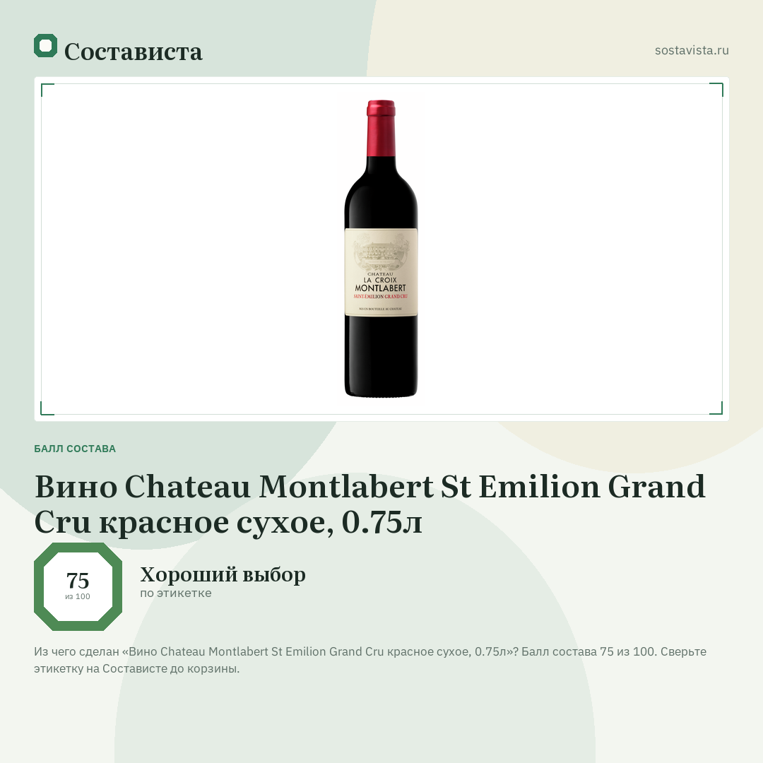 Вино Chateau Montlabert St Emilion Grand Cru красное сухое, 0.75л: балл состава 75 из 100 — Состависта