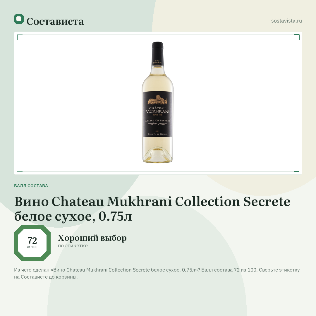 Вино Chateau Mukhrani Collection Secrete белое сухое, 0.75л: балл состава 72 из 100 — Состависта