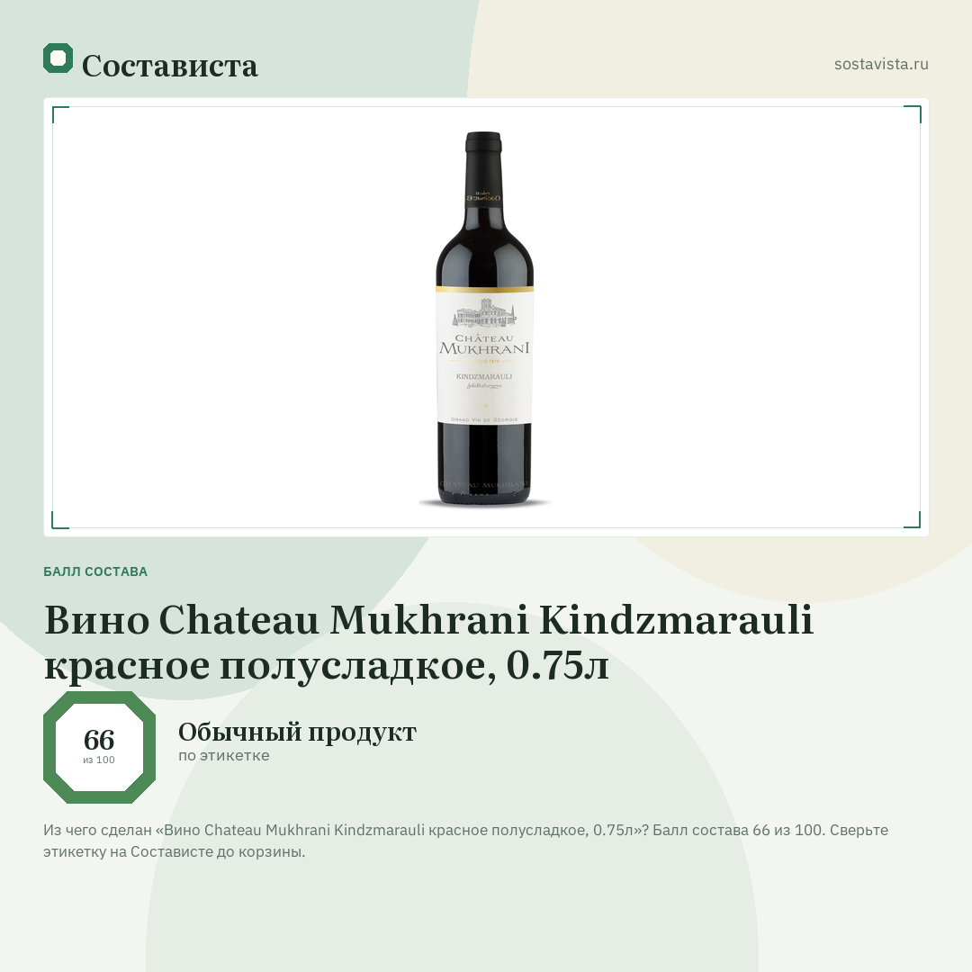 Вино Chateau Mukhrani Kindzmarauli красное полусладкое, 0.75л: балл состава 66 из 100 — Состависта