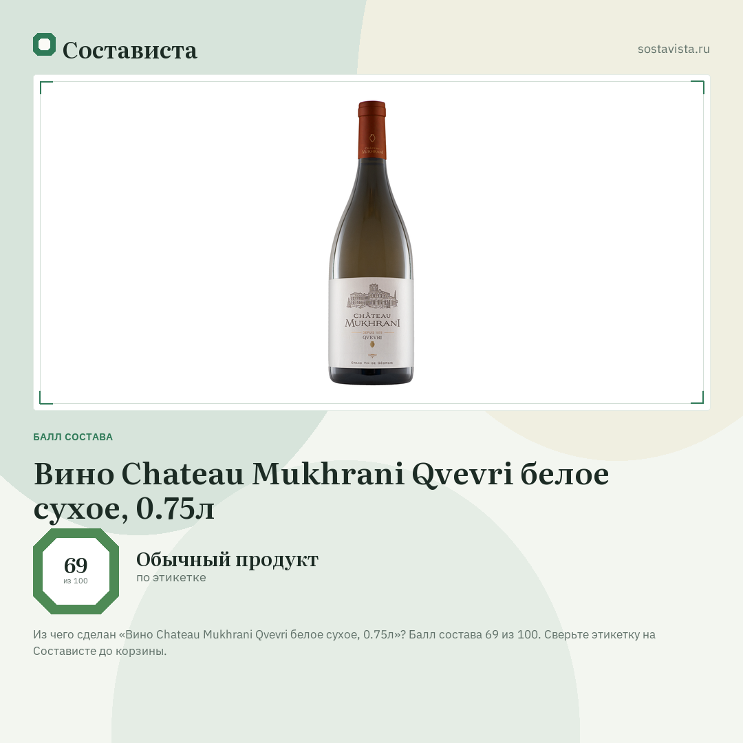 Вино Chateau Mukhrani Qvevri белое сухое, 0.75л: балл состава 69 из 100 — Состависта