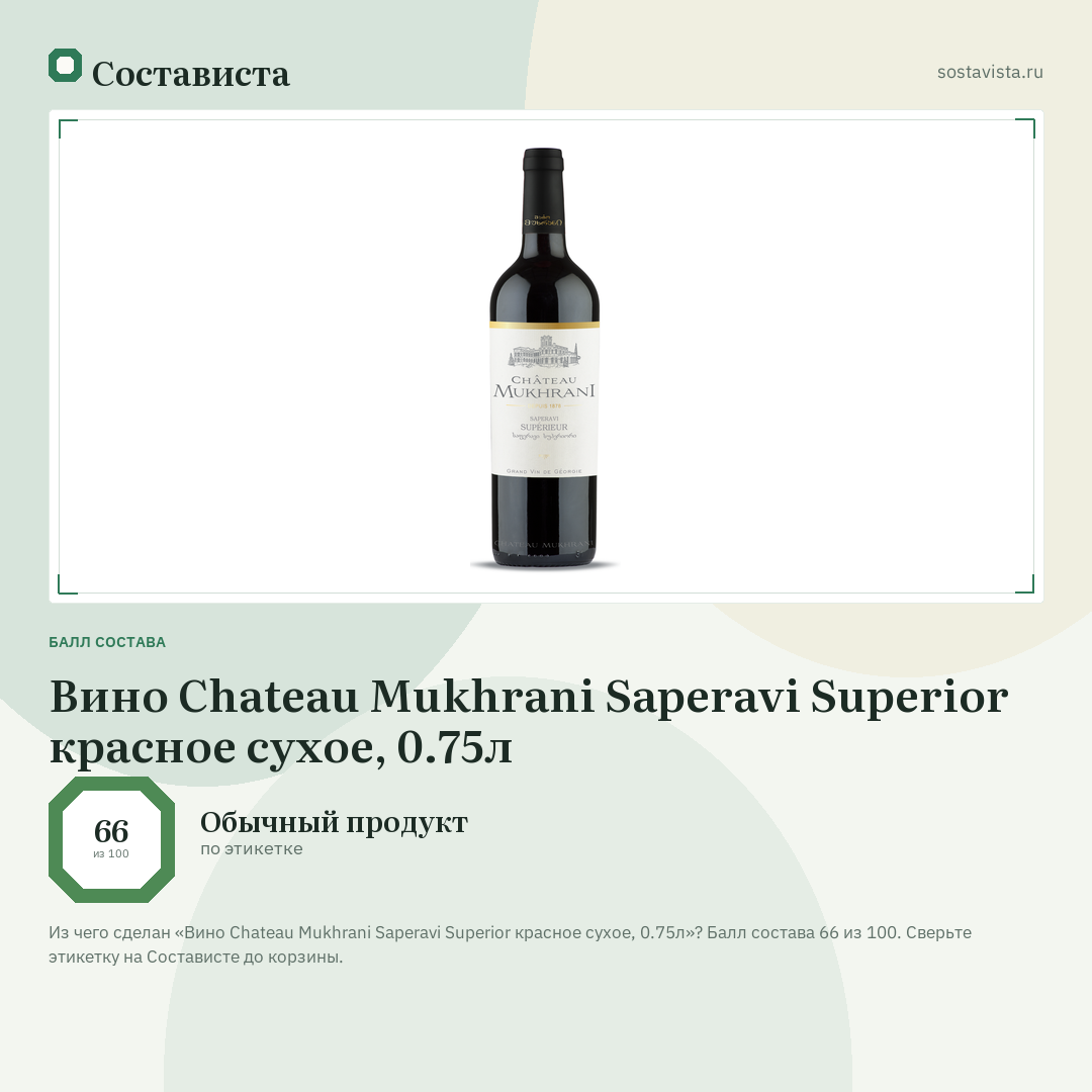 Вино Chateau Mukhrani Saperavi Superior красное сухое, 0.75л: балл состава 66 из 100 — Состависта