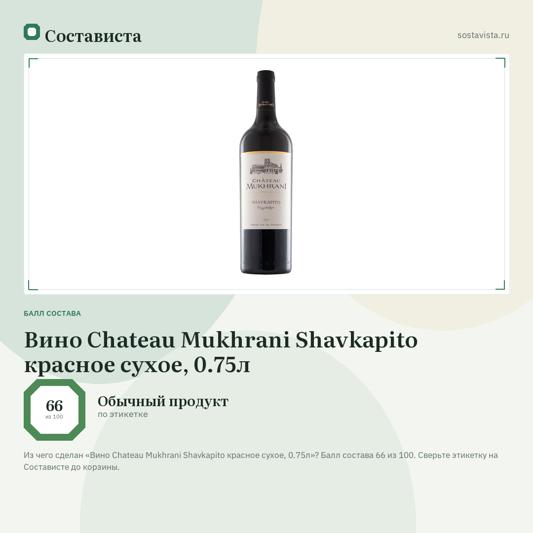 Вино Chateau Mukhrani Shavkapito красное сухое, 0.75л: балл состава 66 из 100 — Состависта