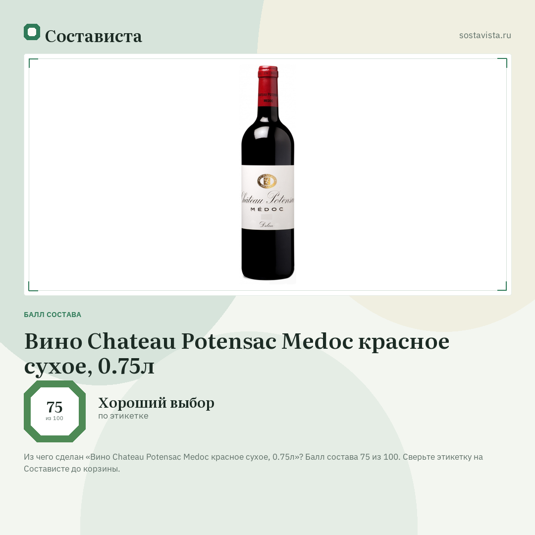 Вино Chateau Potensac Medoc красное сухое, 0.75л: балл состава 75 из 100 — Состависта