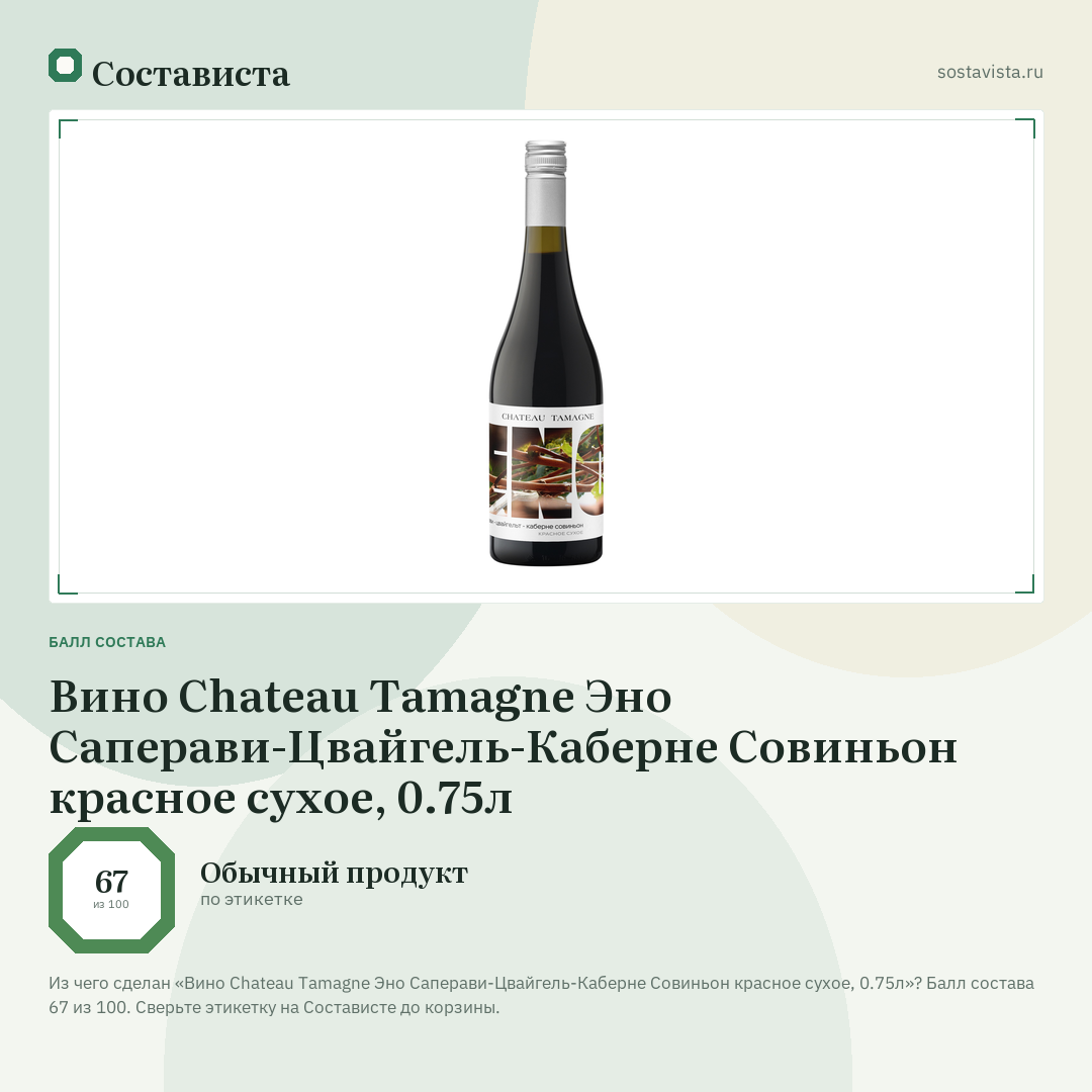 Вино Chateau Tamagne Эно Саперави-Цвайгель-Каберне Совиньон красное сухое, 0.75л: балл состава 67 из 100 — Состависта