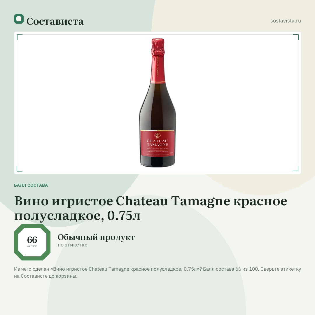 Вино игристое Chateau Tamagne красное полусладкое, 0.75л: балл состава 66 из 100 — Состависта