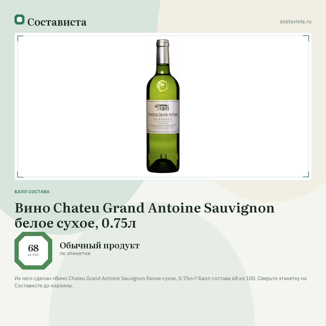 Вино Chateu Grand Antoine Sauvignon белое сухое, 0.75л: балл состава 68 из 100 — Состависта