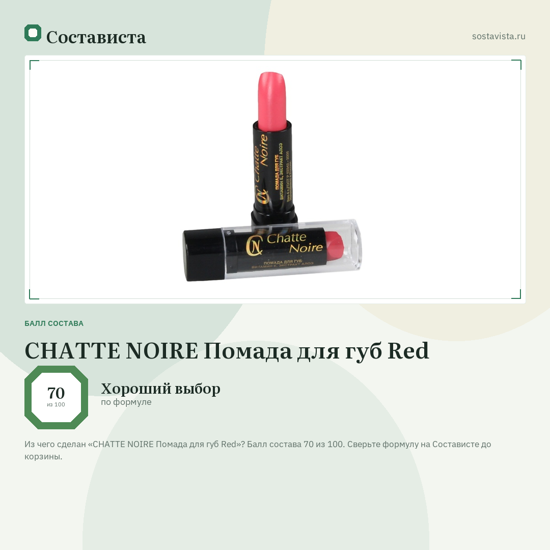 CHATTE NOIRE Помада для губ Red: балл состава 70 из 100 — Состависта