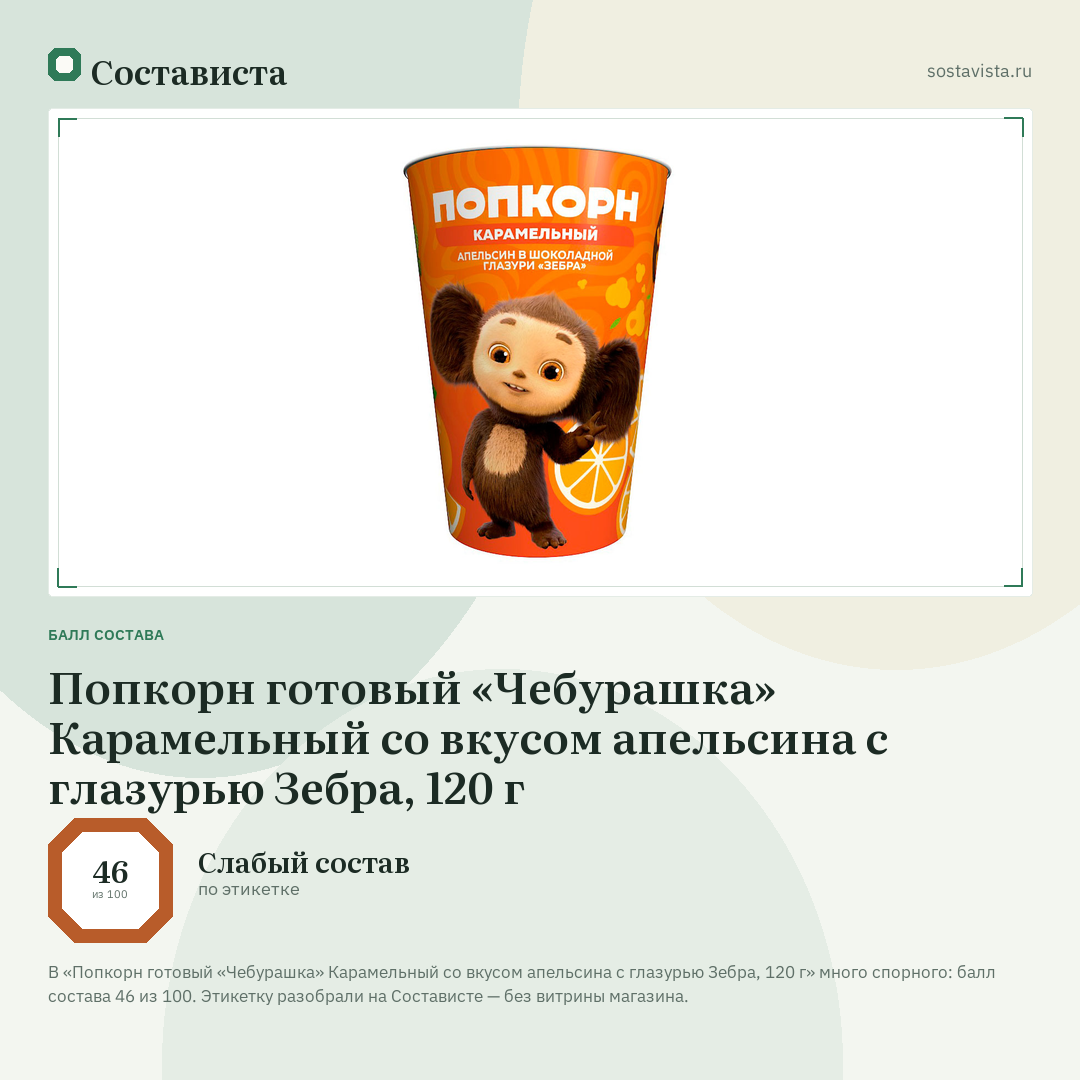 Попкорн готовый «Чебурашка» Карамельный со вкусом апельсина с глазурью Зебра, 120 г: балл состава 46 из 100 — Состависта