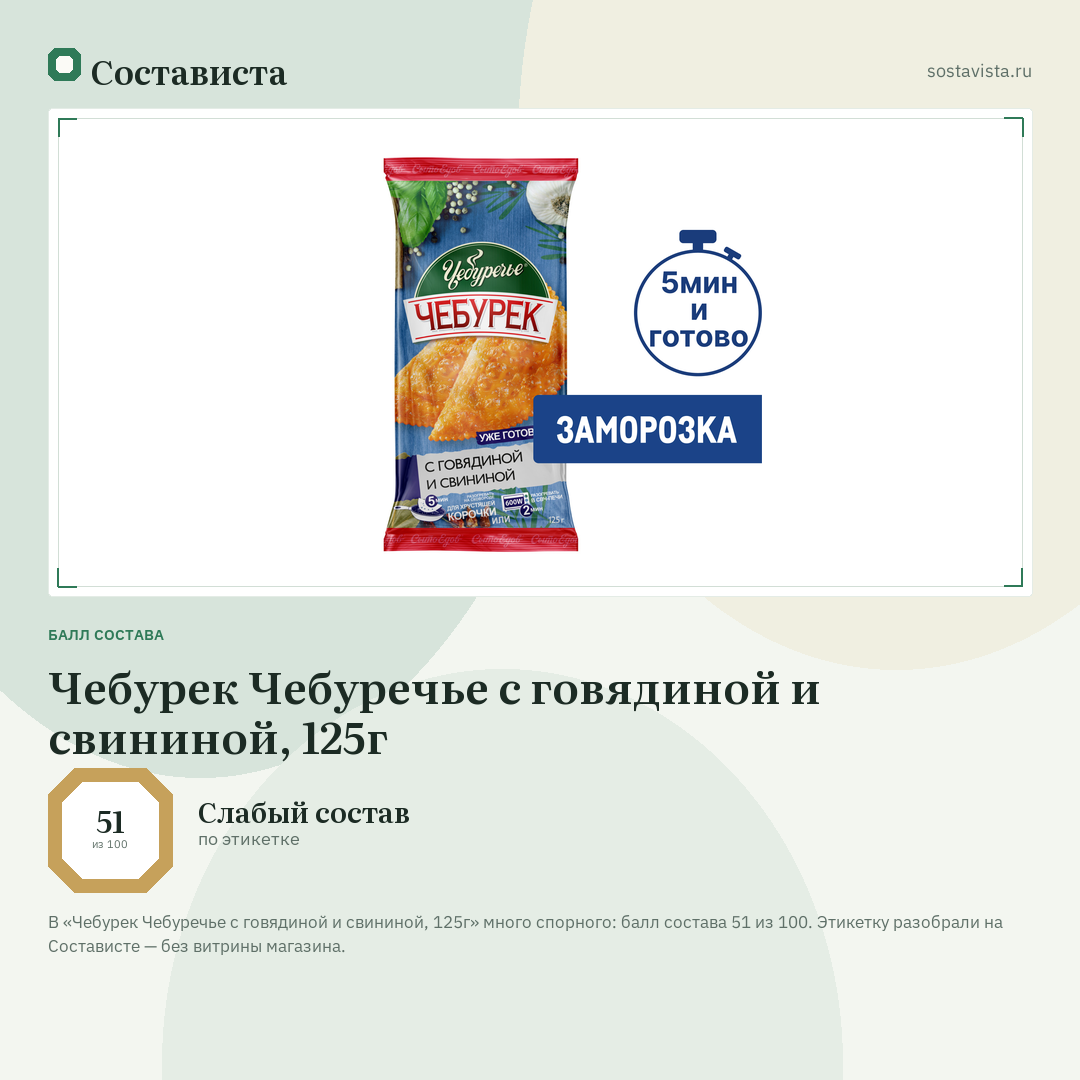 Чебурек Чебуречье с говядиной и свининой, 125г: балл состава 51 из 100 — Состависта