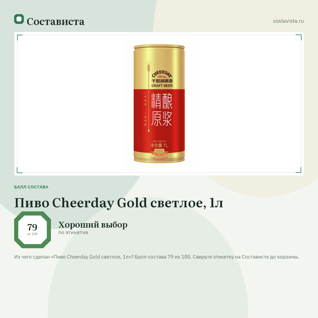 Пиво Cheerday Gold светлое, 1л: балл состава 79 из 100 — Состависта