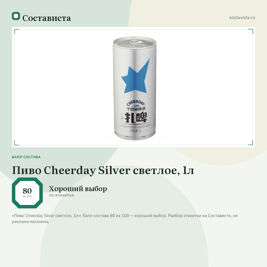 Пиво Cheerday Silver светлое, 1л: балл состава 80 из 100 — Состависта