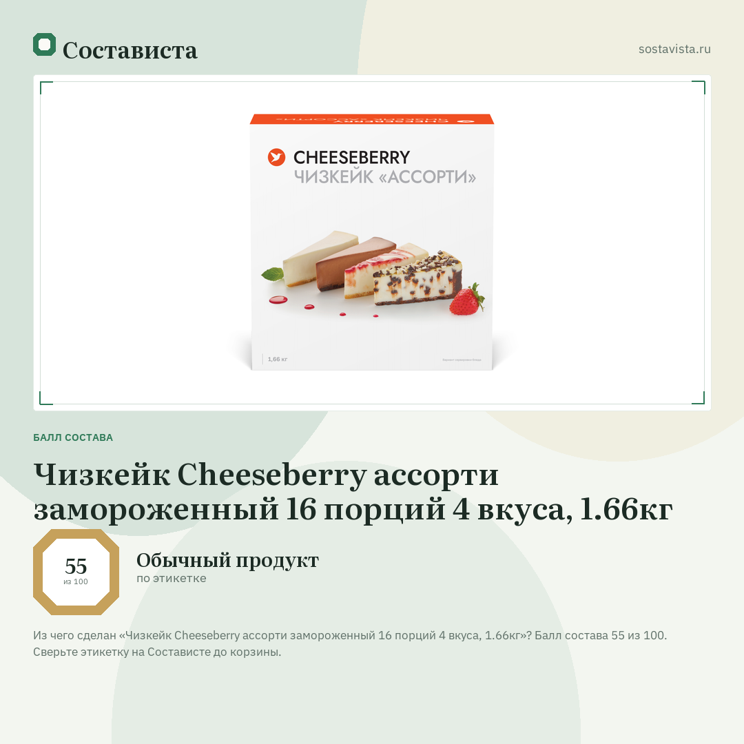 Чизкейк Cheeseberry ассорти замороженный 16 порций 4 вкуса, 1.66кг: балл состава 55 из 100 — Состависта