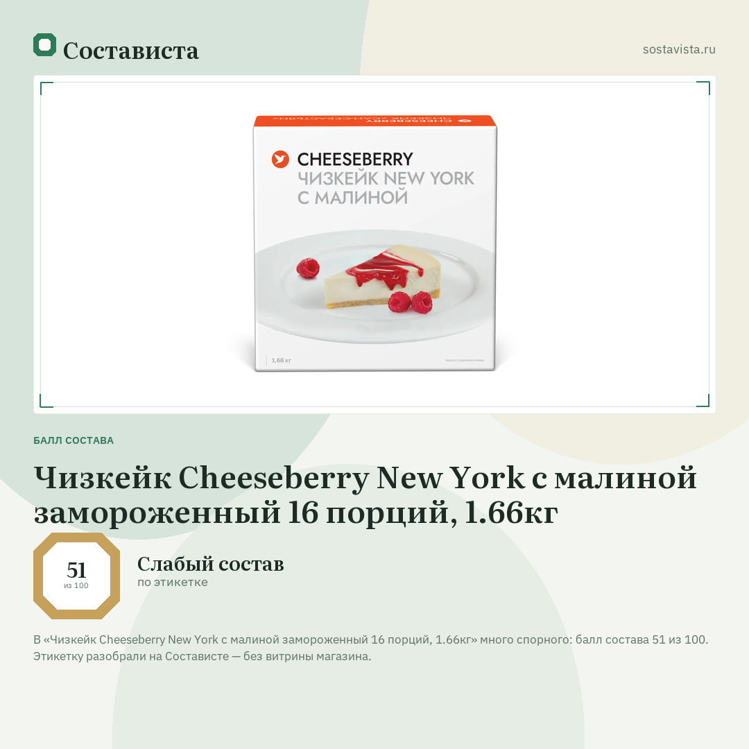 Чизкейк Cheeseberry New York с малиной замороженный 16 порций, 1.66кг: балл состава 51 из 100 — Состависта