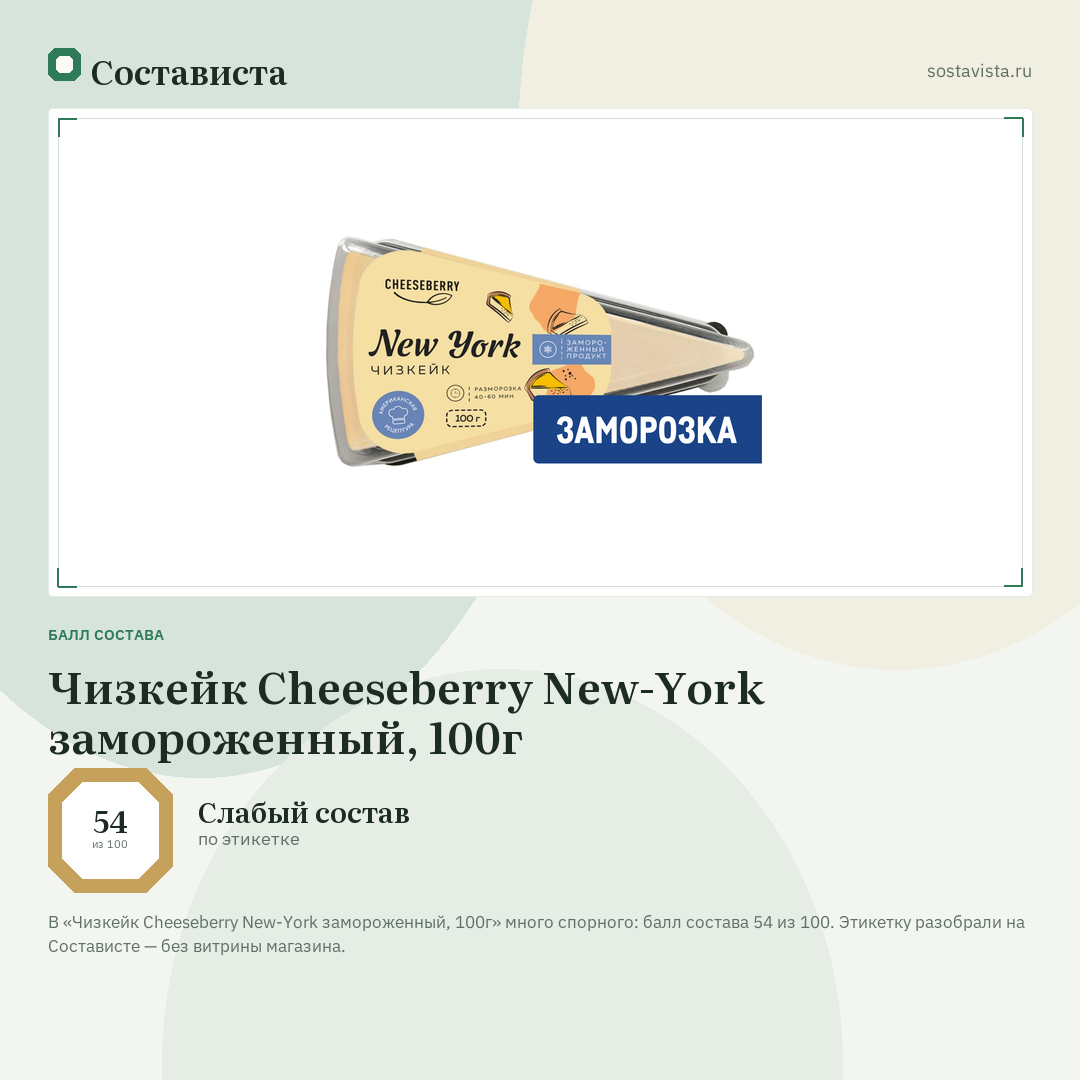 Чизкейк Cheeseberry New-York замороженный, 100г: балл состава 54 из 100 — Состависта