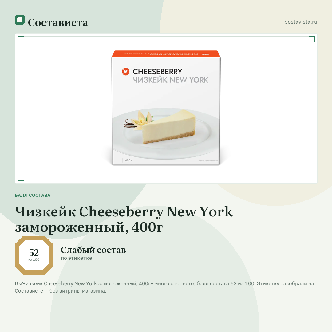 Чизкейк Cheeseberry New York замороженный, 400г: балл состава 52 из 100 — Состависта