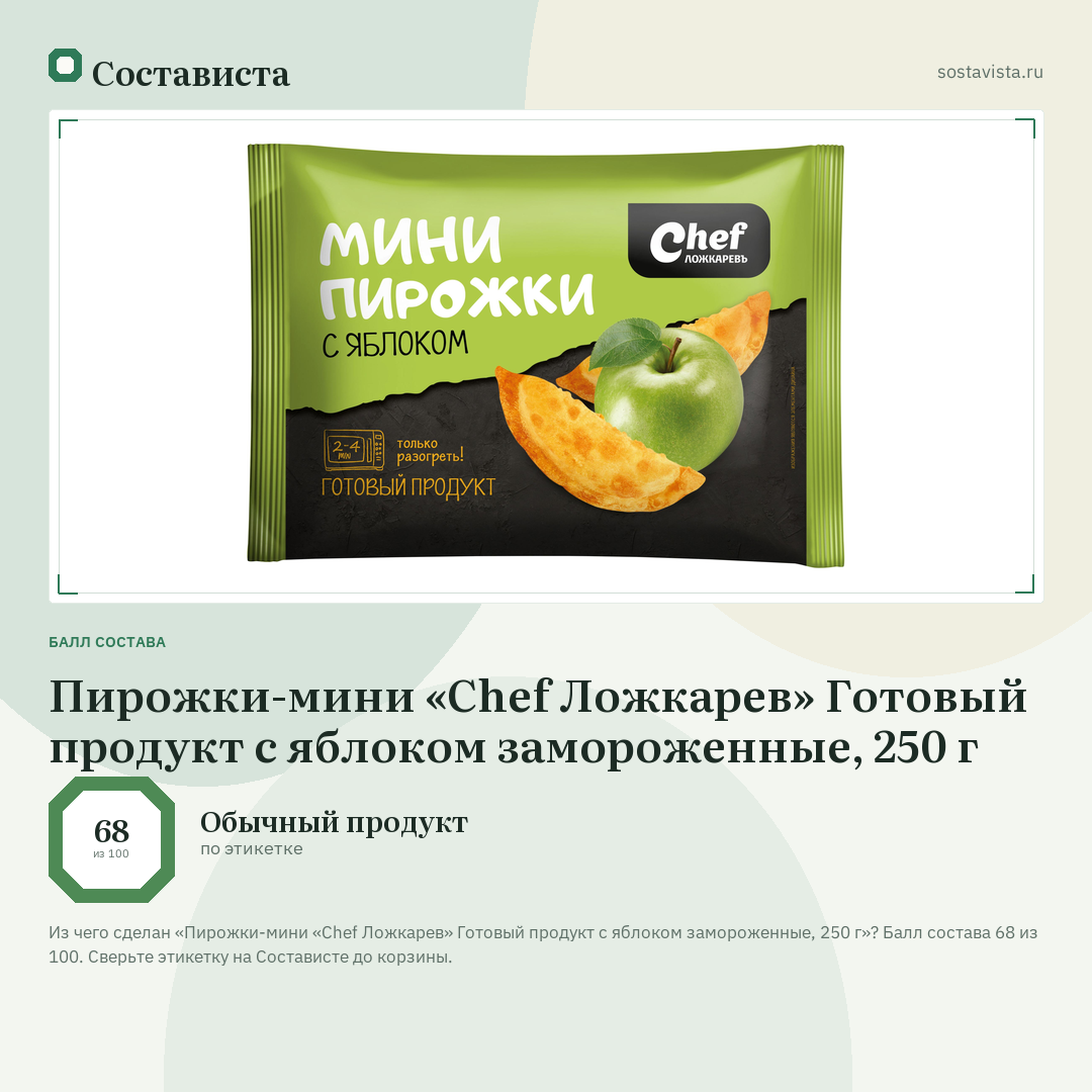 Пирожки-мини «Chef Ложкарев» Готовый продукт с яблоком замороженные, 250 г: балл состава 68 из 100 — Состависта