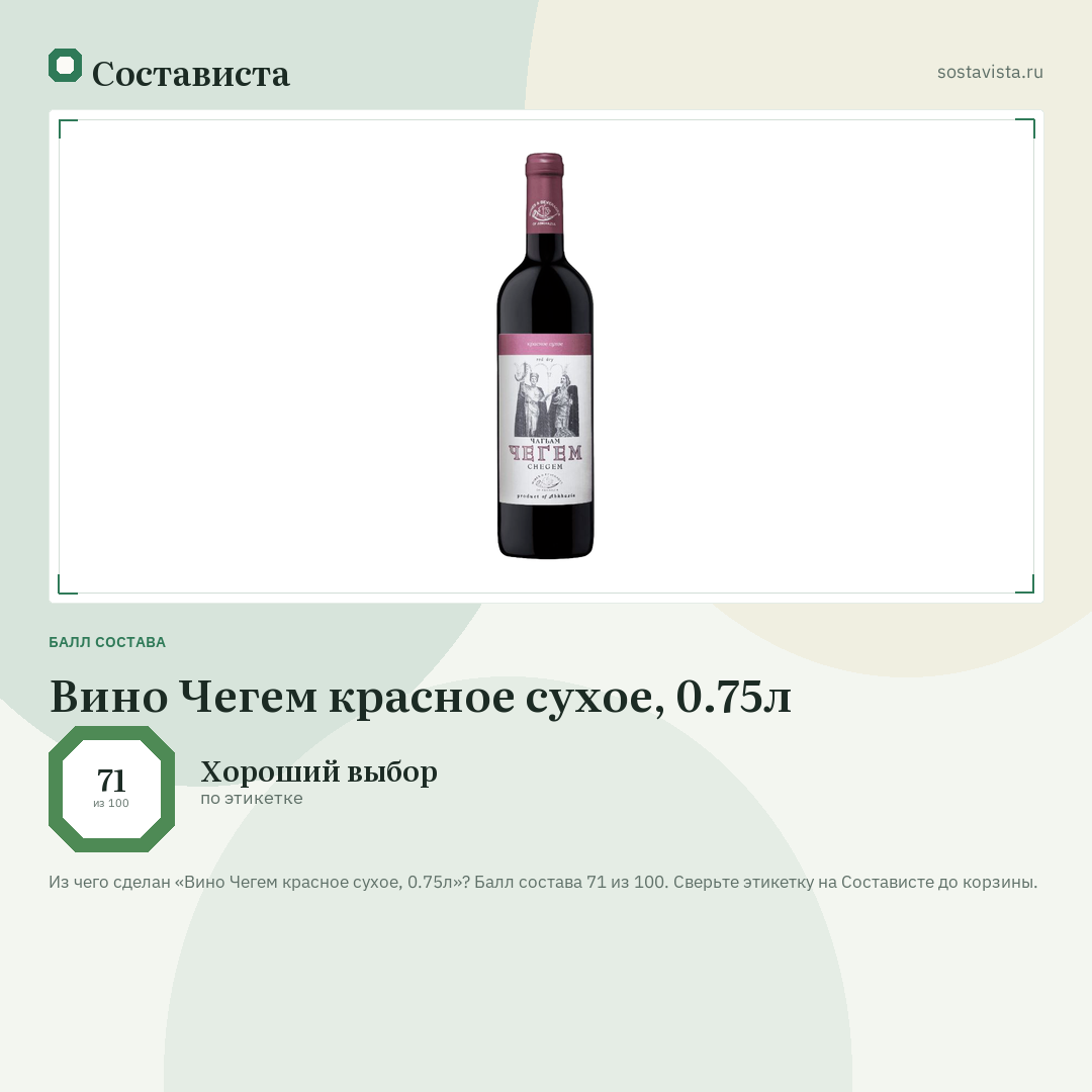 Вино Чегем красное сухое, 0.75л: балл состава 71 из 100 — Состависта
