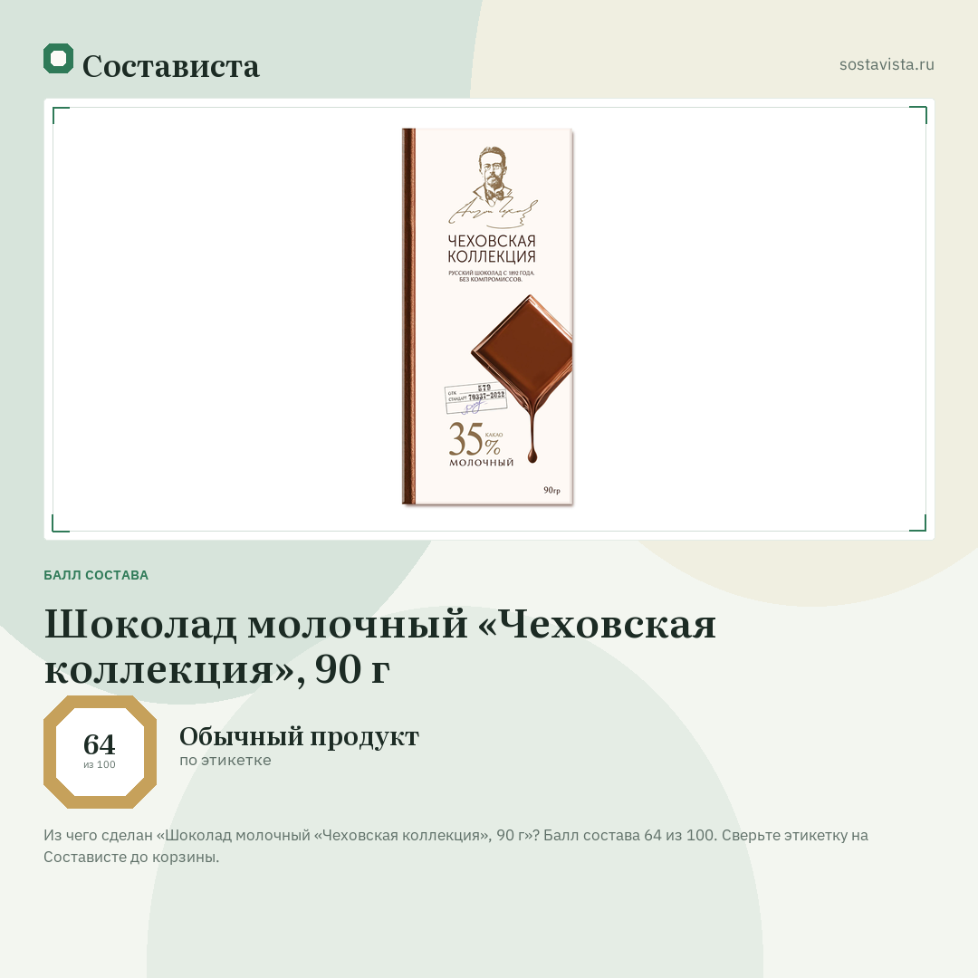 Шоколад молочный «Чеховская коллекция», 90 г: балл состава 64 из 100 — Состависта