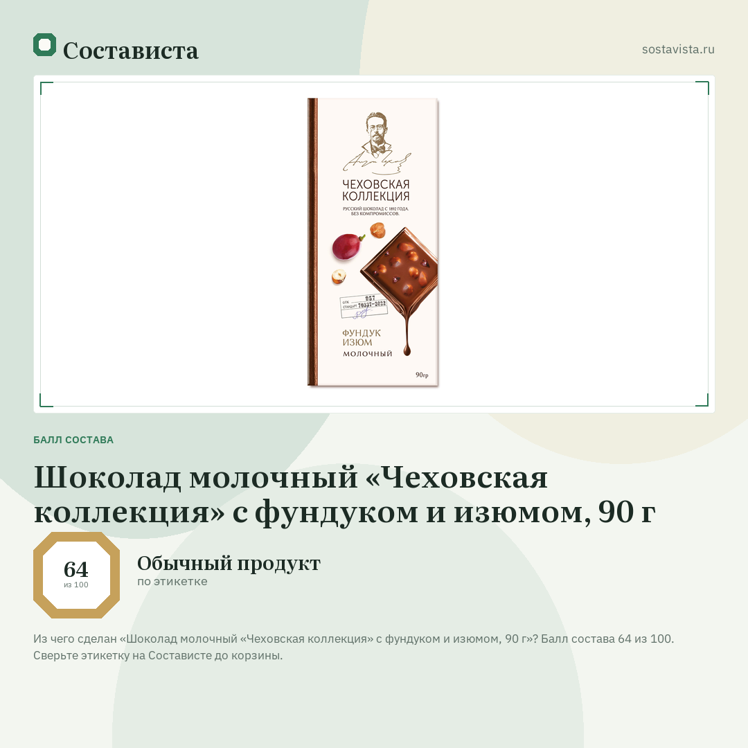 Шоколад молочный «Чеховская коллекция» с фундуком и изюмом, 90 г: балл состава 64 из 100 — Состависта