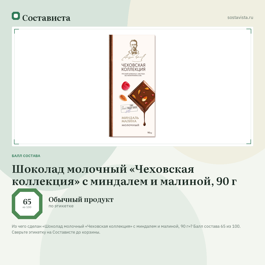 Шоколад молочный «Чеховская коллекция» с миндалем и малиной, 90 г: балл состава 65 из 100 — Состависта