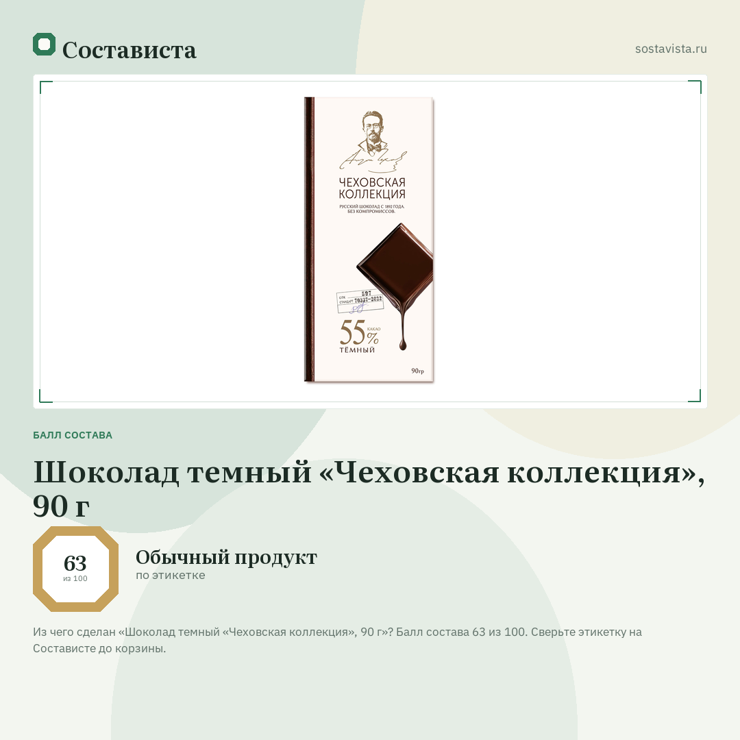 Шоколад темный «Чеховская коллекция», 90 г: балл состава 63 из 100 — Состависта