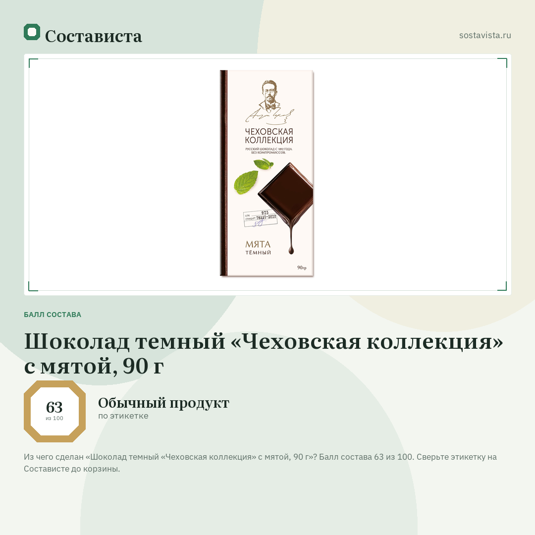 Шоколад темный «Чеховская коллекция» с мятой, 90 г: балл состава 63 из 100 — Состависта