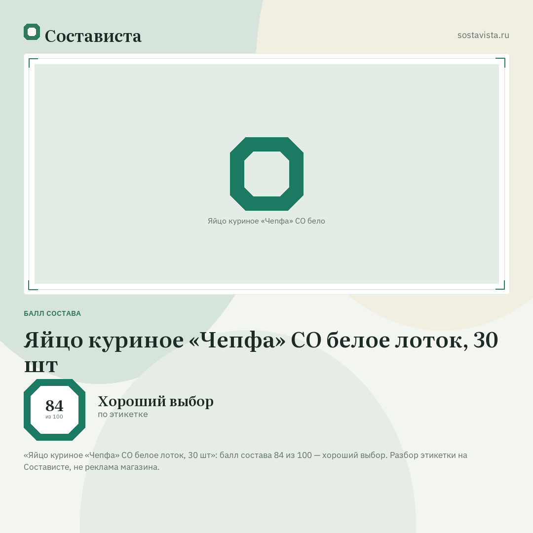 Яйцо куриное «Чепфа» CO белое лоток, 30 шт: балл состава 84 из 100 — Состависта