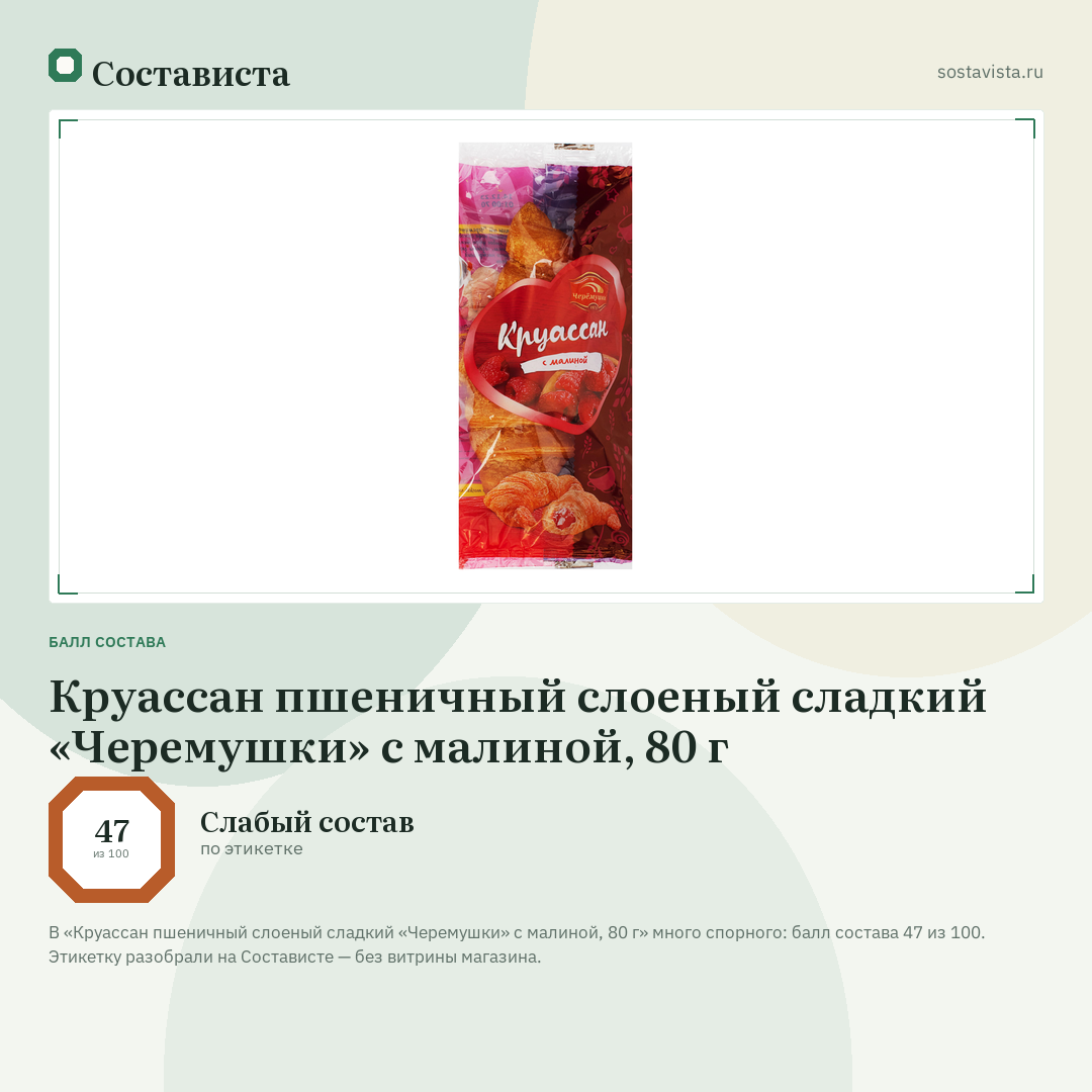 Круассан пшеничный слоеный сладкий «Черемушки» с малиной, 80 г: балл состава 47 из 100 — Состависта