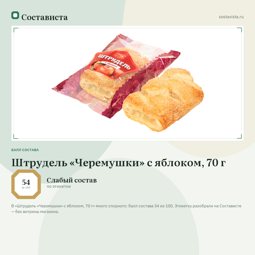 Штрудель «Черемушки» с яблоком, 70 г: балл состава 54 из 100 — Состависта