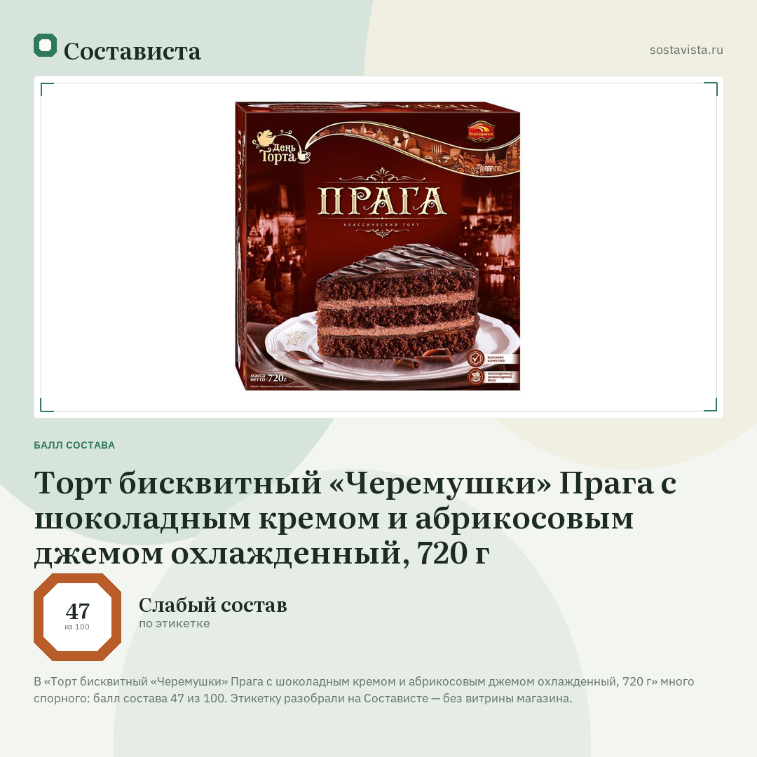 Торт бисквитный «Черемушки» Прага с шоколадным кремом и абрикосовым джемом охлажденный, 720 г: балл состава 47 из 100 — Состависта