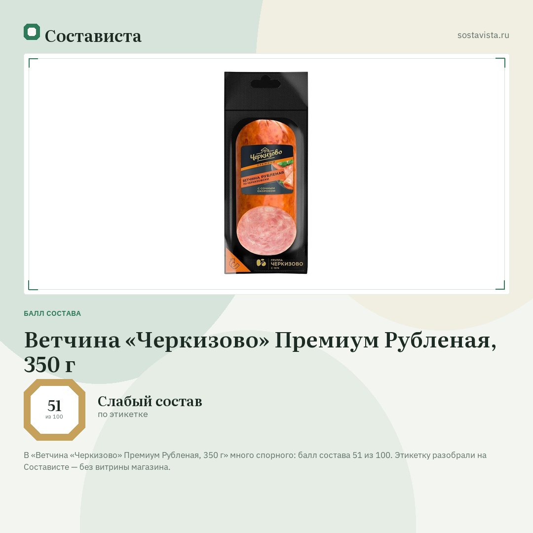 Ветчина «Черкизово» Премиум Рубленая, 350 г: балл состава 51 из 100 — Состависта