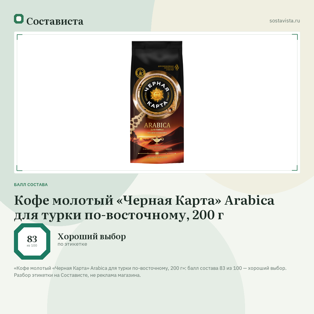 Кофе молотый «Черная Карта» Arabica для турки по-восточному, 200 г: балл состава 83 из 100 — Состависта
