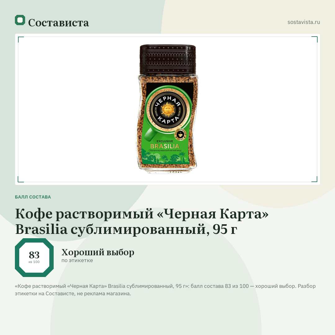 Кофе растворимый «Черная Карта» Brasilia сублимированный, 95 г: балл состава 83 из 100 — Состависта