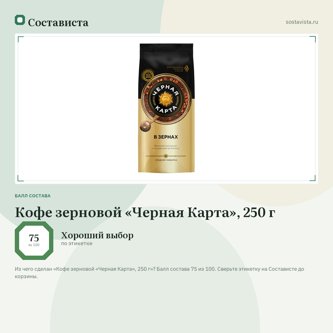 Кофе зерновой «Черная Карта», 250 г: балл состава 75 из 100 — Состависта