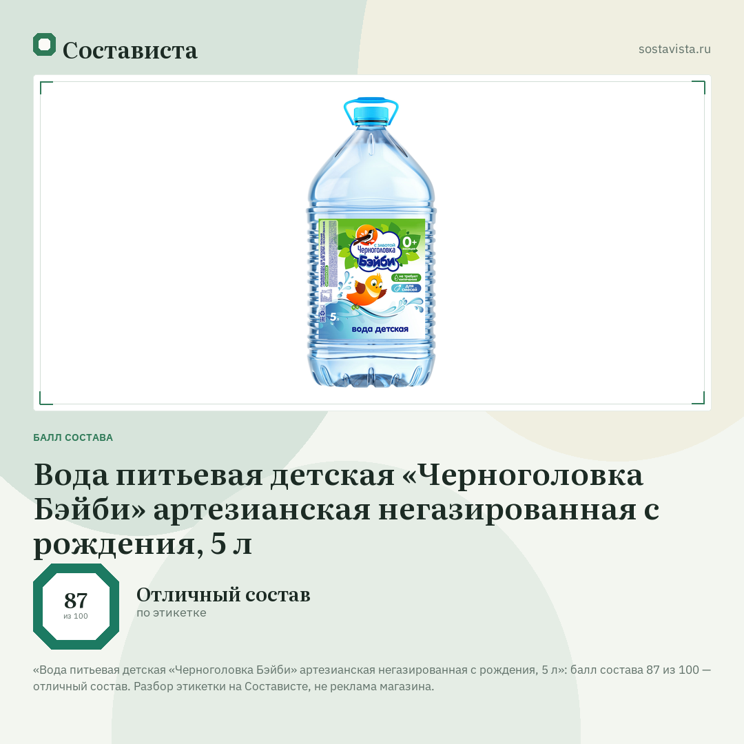 Вода питьевая детская «Черноголовка Бэйби» артезианская негазированная с рождения, 5 л: балл состава 87 из 100 — Состависта